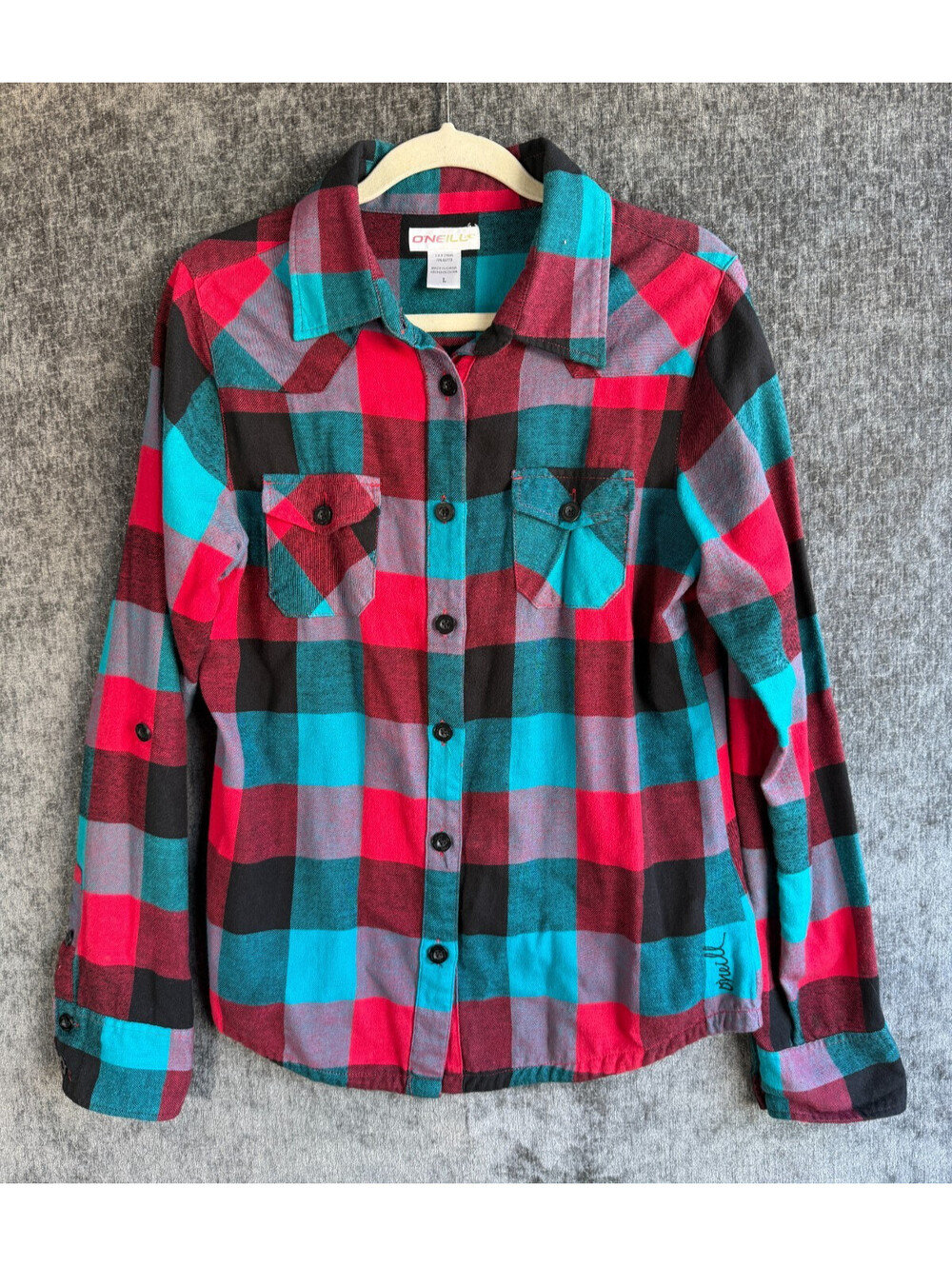 O'Neill Womens Plaid Flannel Shirt Size L Roll Tab Long Sleeve Multicolor Surf